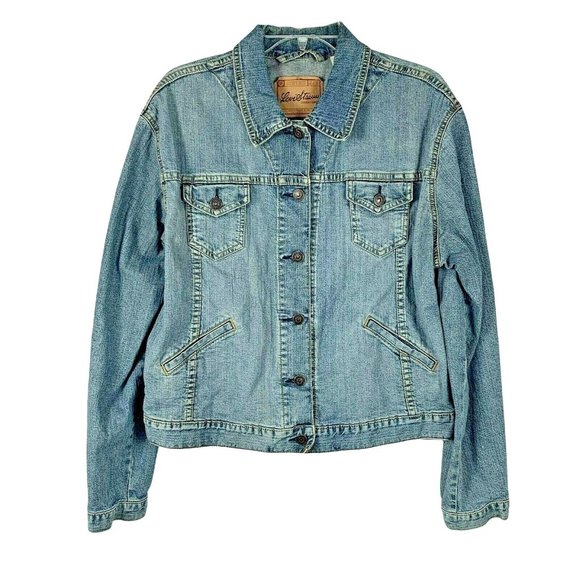Levi Jean Jacket Denim Coat size L 12/14 Misses Blue Button Front Strauss Womens